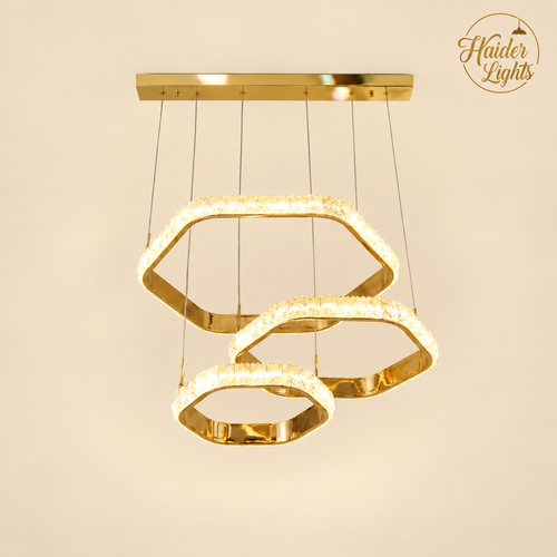 3-Tier Hexagon LED Chandelier – Gold Ring Hanging Light for Dining Table