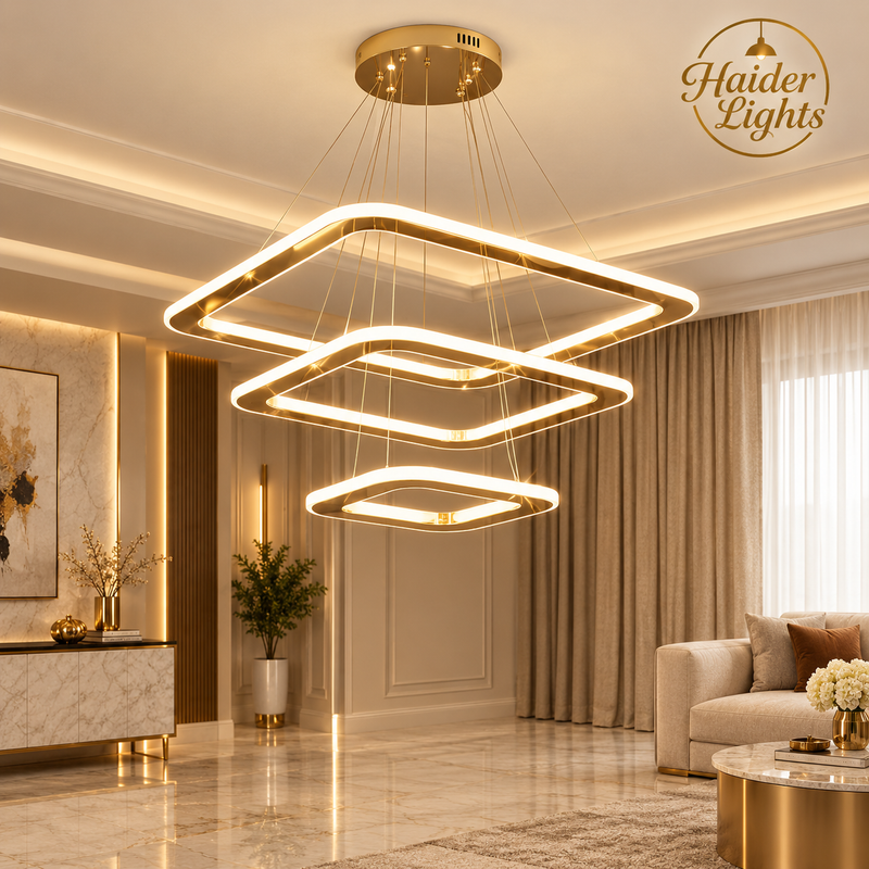 Cascading Square LED Chandelier with 3-Tier Dimmable Remote Light Control