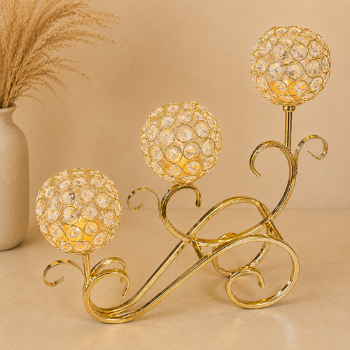 Luxury Gold Candle Stand – 3 Arm Crystal Candle Holder for Home Decor