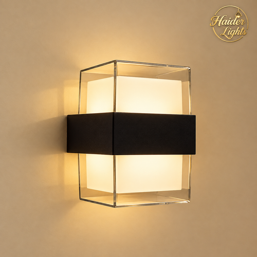 Square Frosted Glass LED Outdoor Wall Light – Modern Black Band Sconce