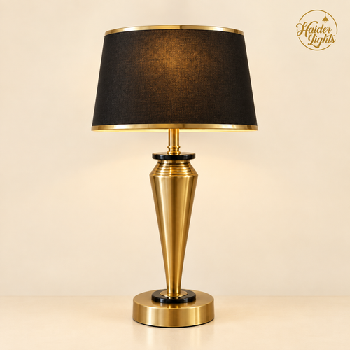 Art Deco Gold Brass Base with Black Shade Beside Table Lamp