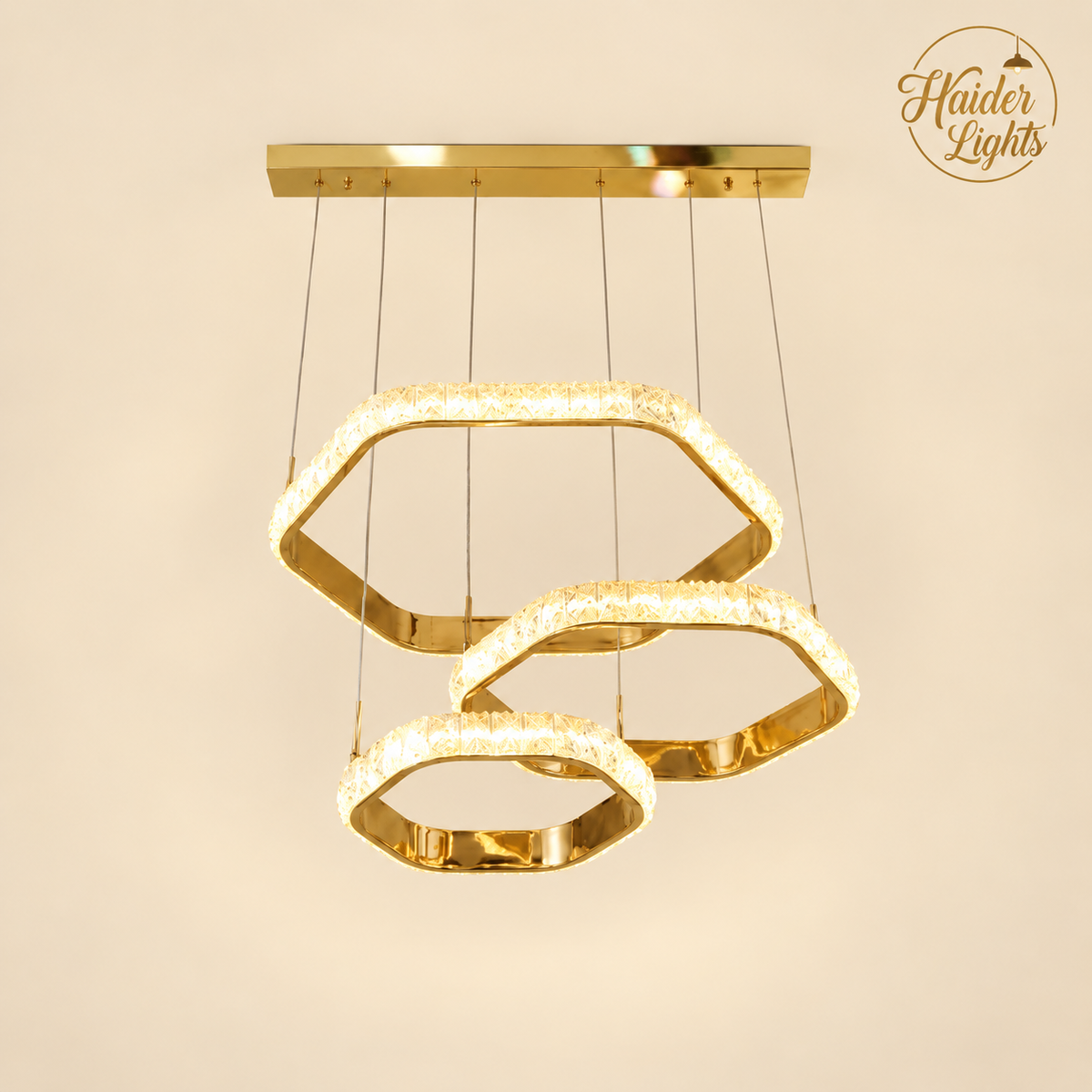 3-Tier Hexagon LED Chandelier – Gold Ring Hanging Light for Dining Table
