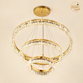 Modern 3-Tier Gold Crystal Ring Chandelier with three cascading faceted crystal rings and warm LED glow – Luxury Ceiling Light