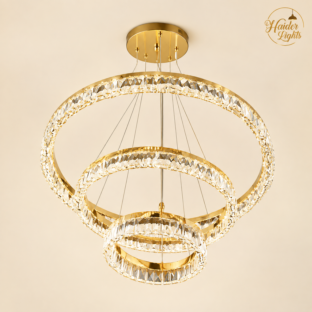 Modern 3-Tier Gold Crystal Ring Chandelier with three cascading faceted crystal rings and warm LED glow – Luxury Ceiling Light