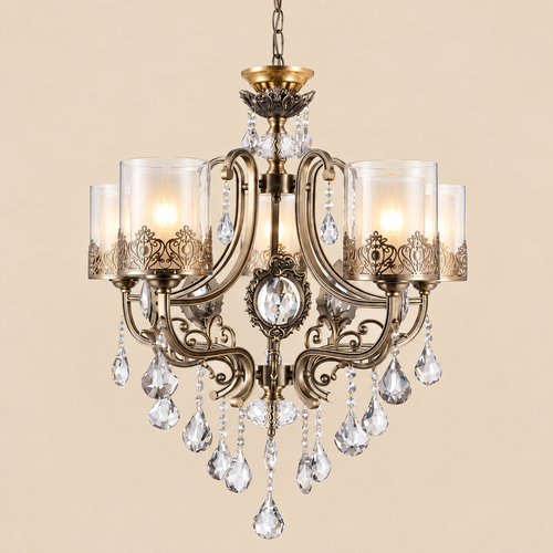 Antique Brass Crystal Pendant Light – 5 Light Chandelier