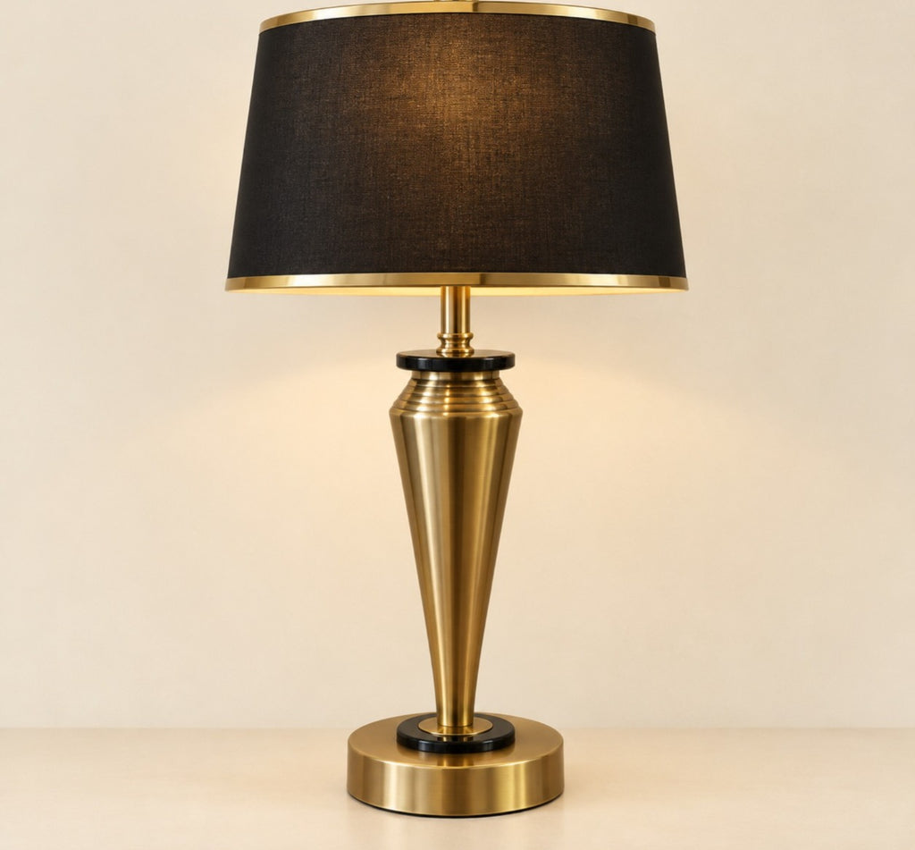 Art Deco Gold Brass Base with Black Shade Beside Table Lamp