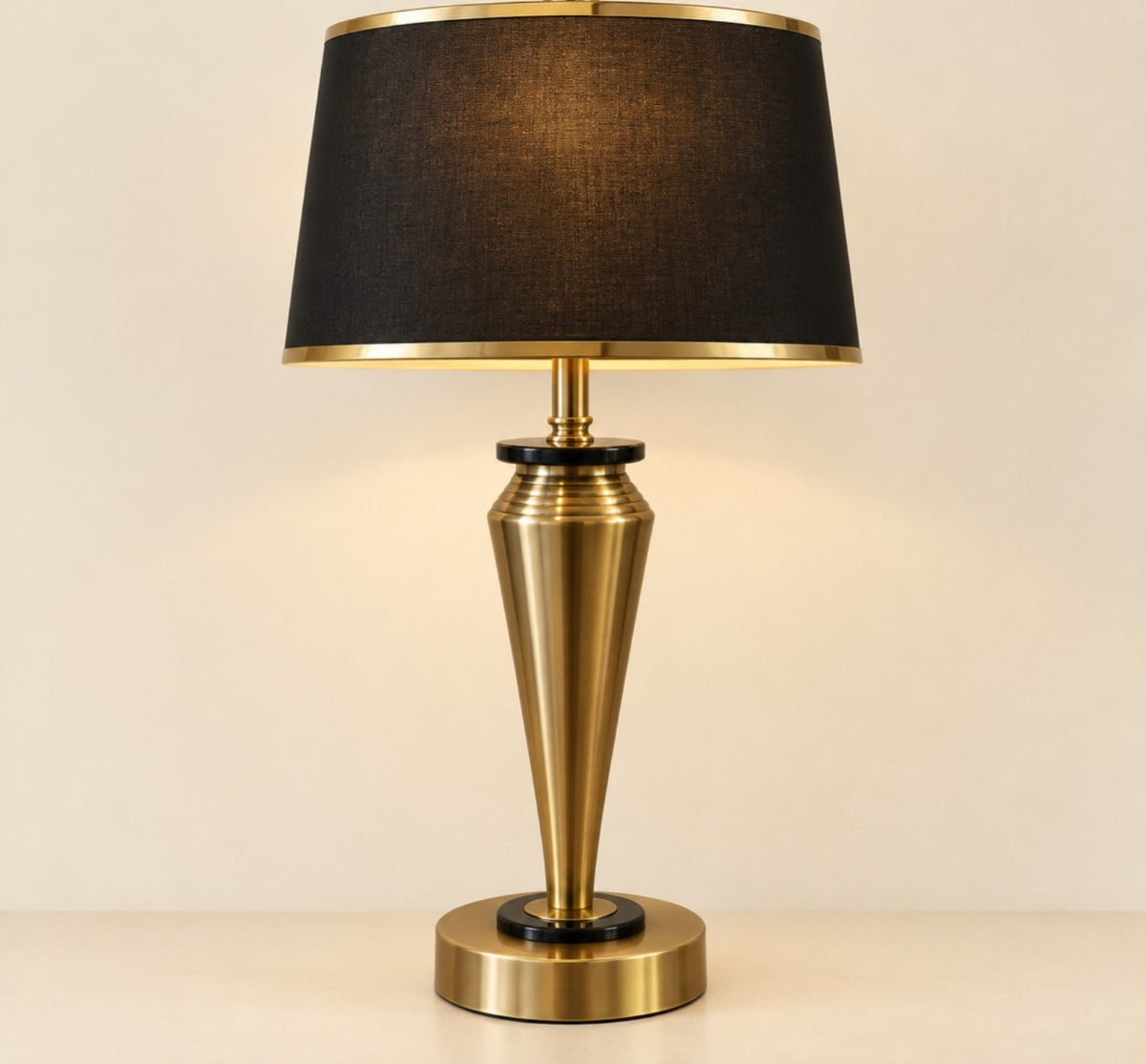 Art Deco Gold Brass Base with Black Shade Beside Table Lamp