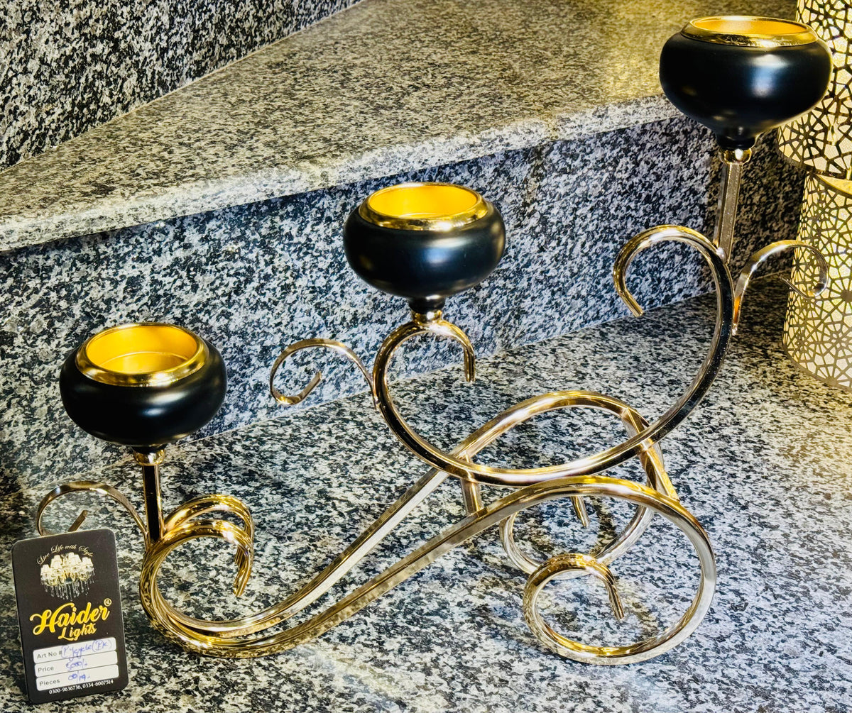 Golden Crystal Candle Stand – 3 Cup Candelabra Table Decor