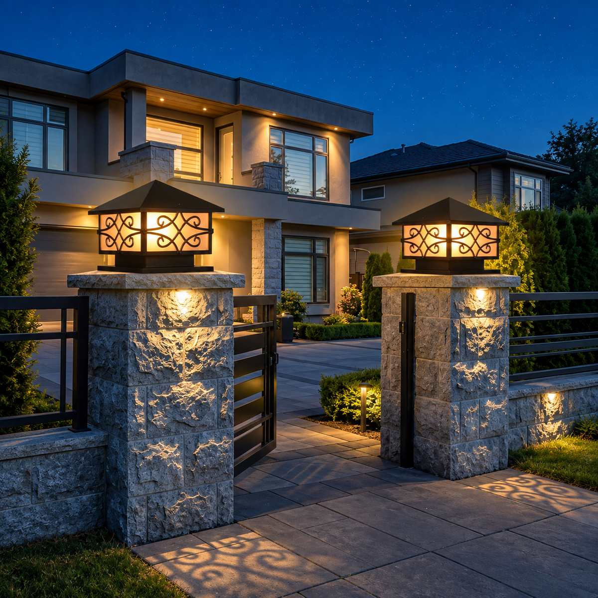 Black Wrought Iron Scroll Gate Light – Outdoor Pillar Post Lantern