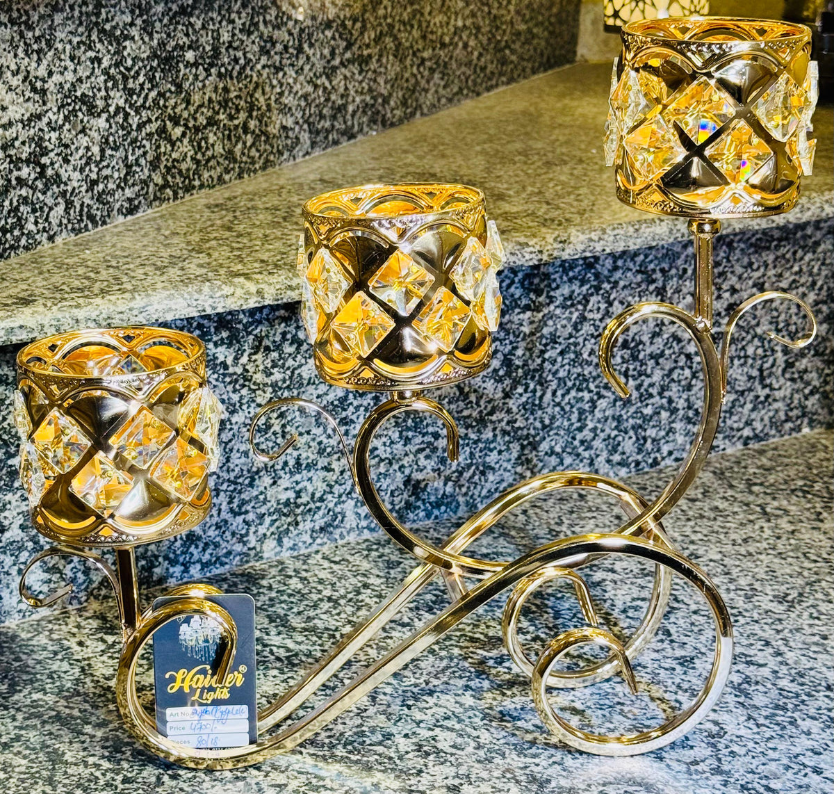 Golden Crystal Bowl Candle Holder – 3 Arm Luxury Candle Stand