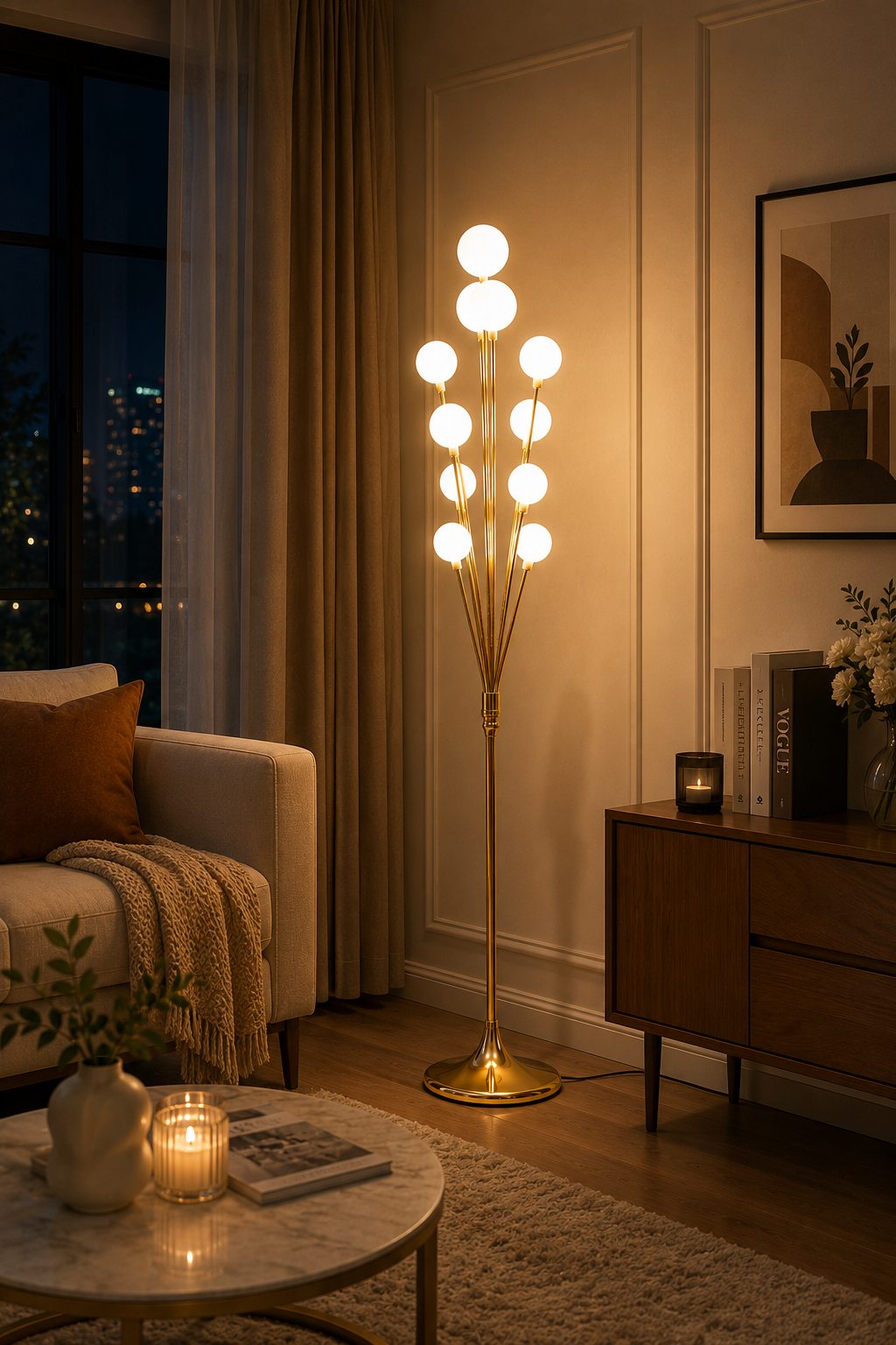 5FT LED Ball Floor Lamp with Gold Stand – 10 Round Frosted Globe Lights, Decorative Standing Lamp for Living Room, Bedroom & Home Decor