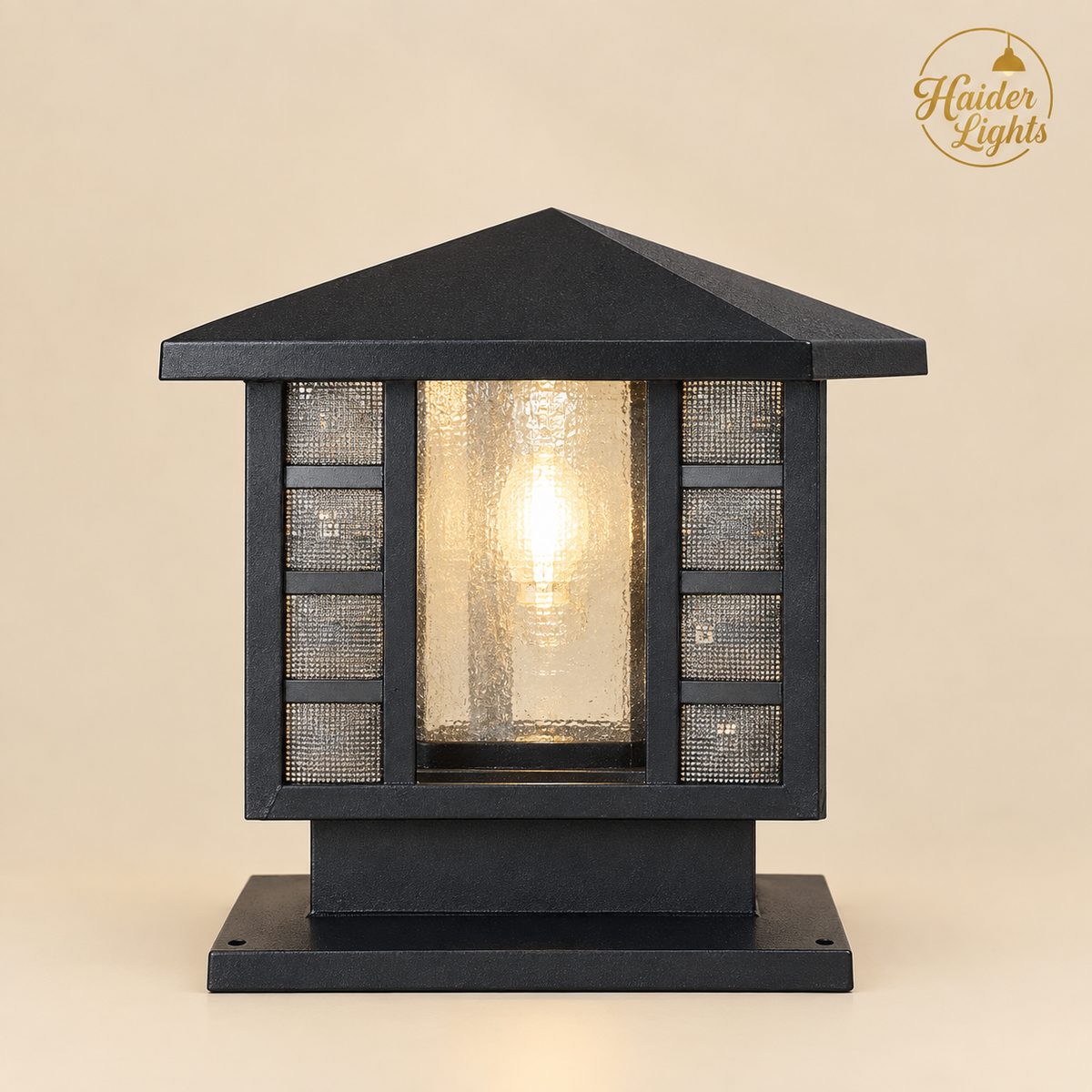 Outdoor Black Mesh Grid Gate Light – Seeded Glass Pillar Post Lantern