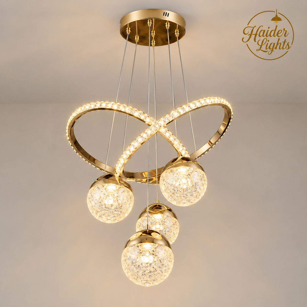 Gold Crystal Loop Chandelier – 4 Globe Remote Dimmable Ceiling