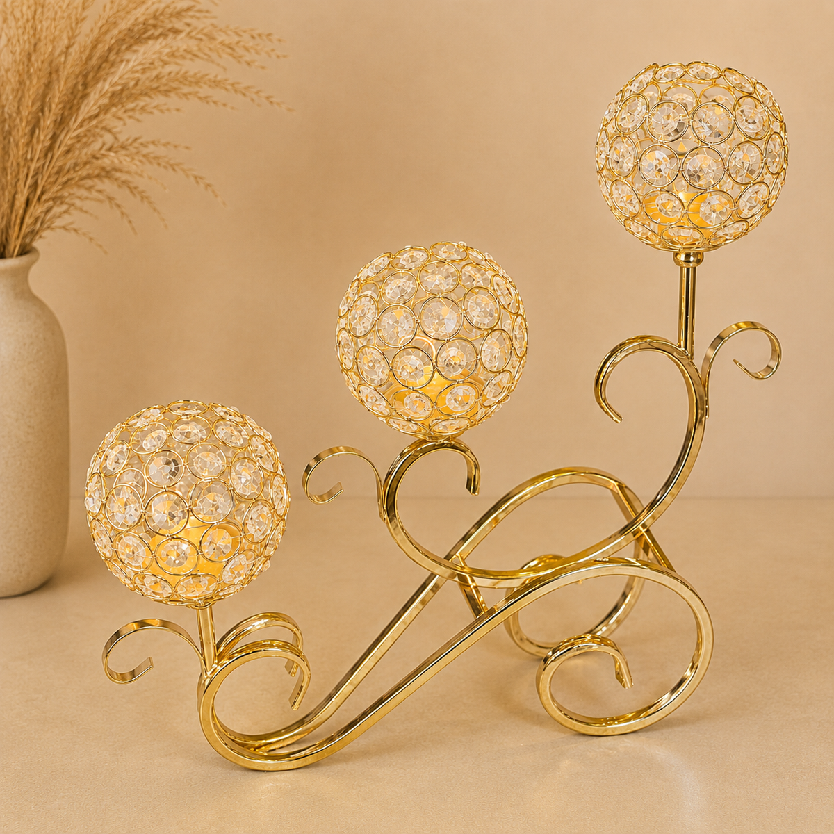 Luxury Gold Candle Stand – 3 Arm Crystal Candle Holder for Home Decor