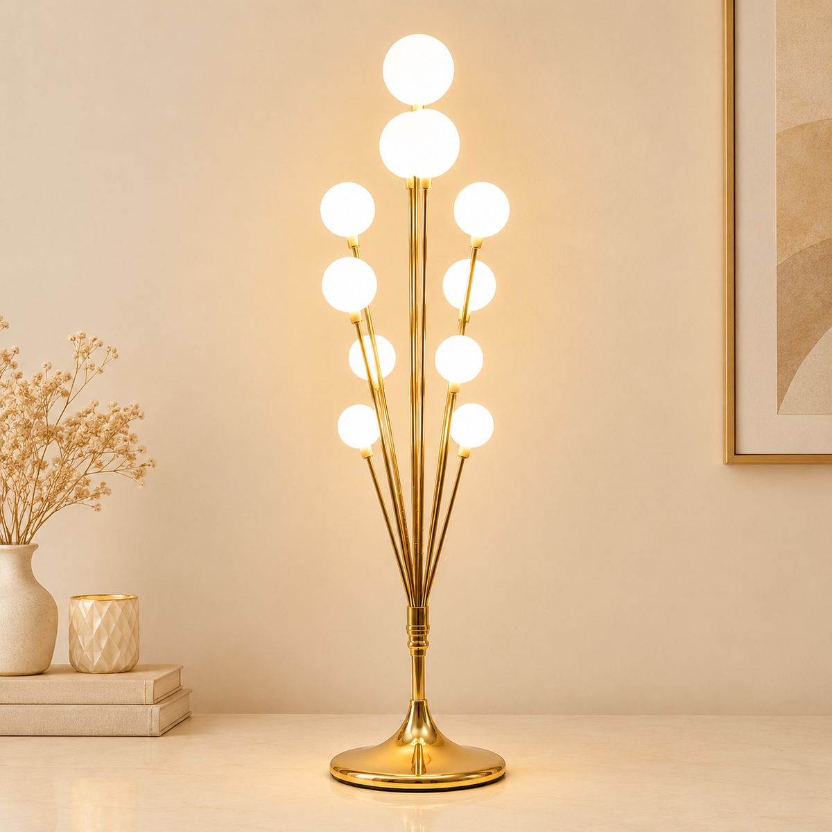 5FT LED Ball Floor Lamp with Gold Stand – 10 Round Frosted Globe Lights, Decorative Standing Lamp for Living Room, Bedroom & Home Decor