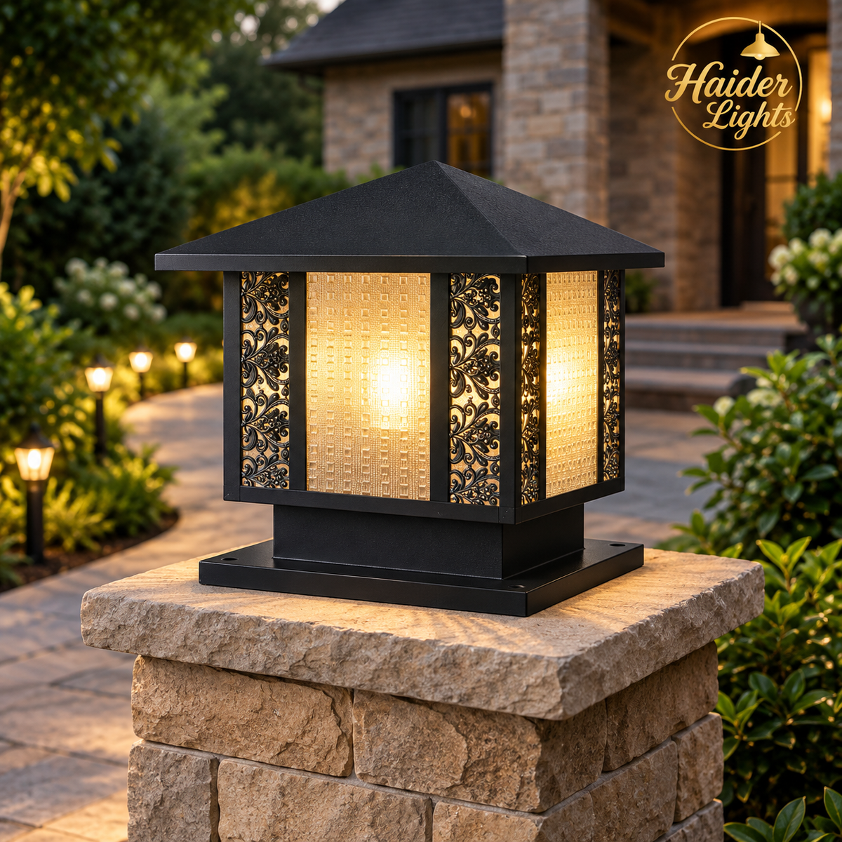 Ornate Floral Jali Gate Pillar Light- Decorative Outdoor Pillar Post Light