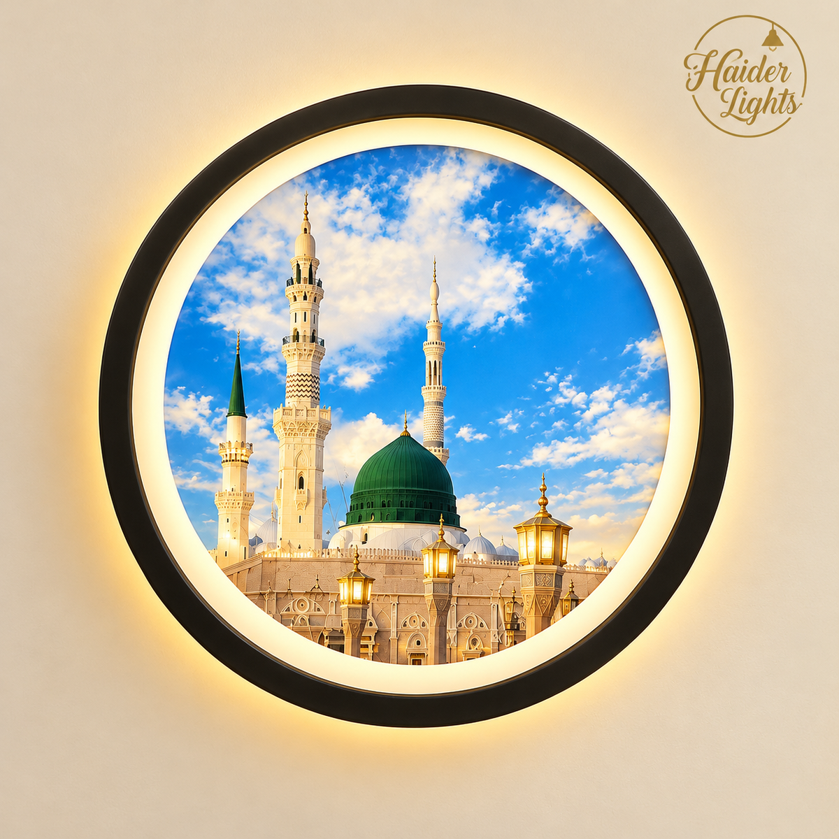 Islamic LED Wall Art Light – Masjid Nabawi Round Halo Backlit Frame