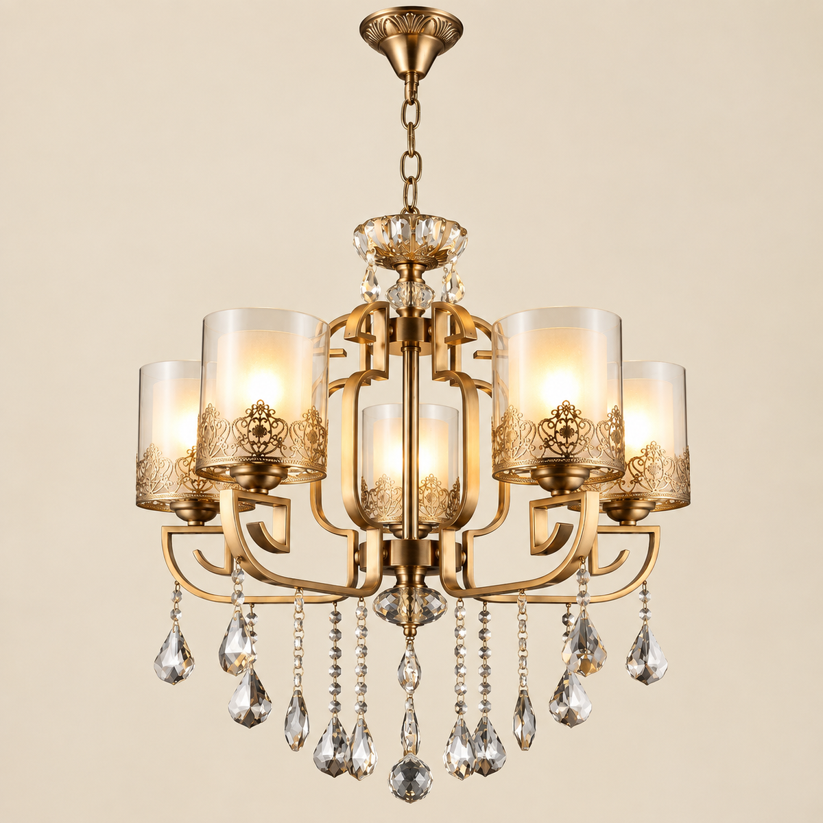 Luxury brass crystal pendant light 5 light fanoos for living room Pakistan