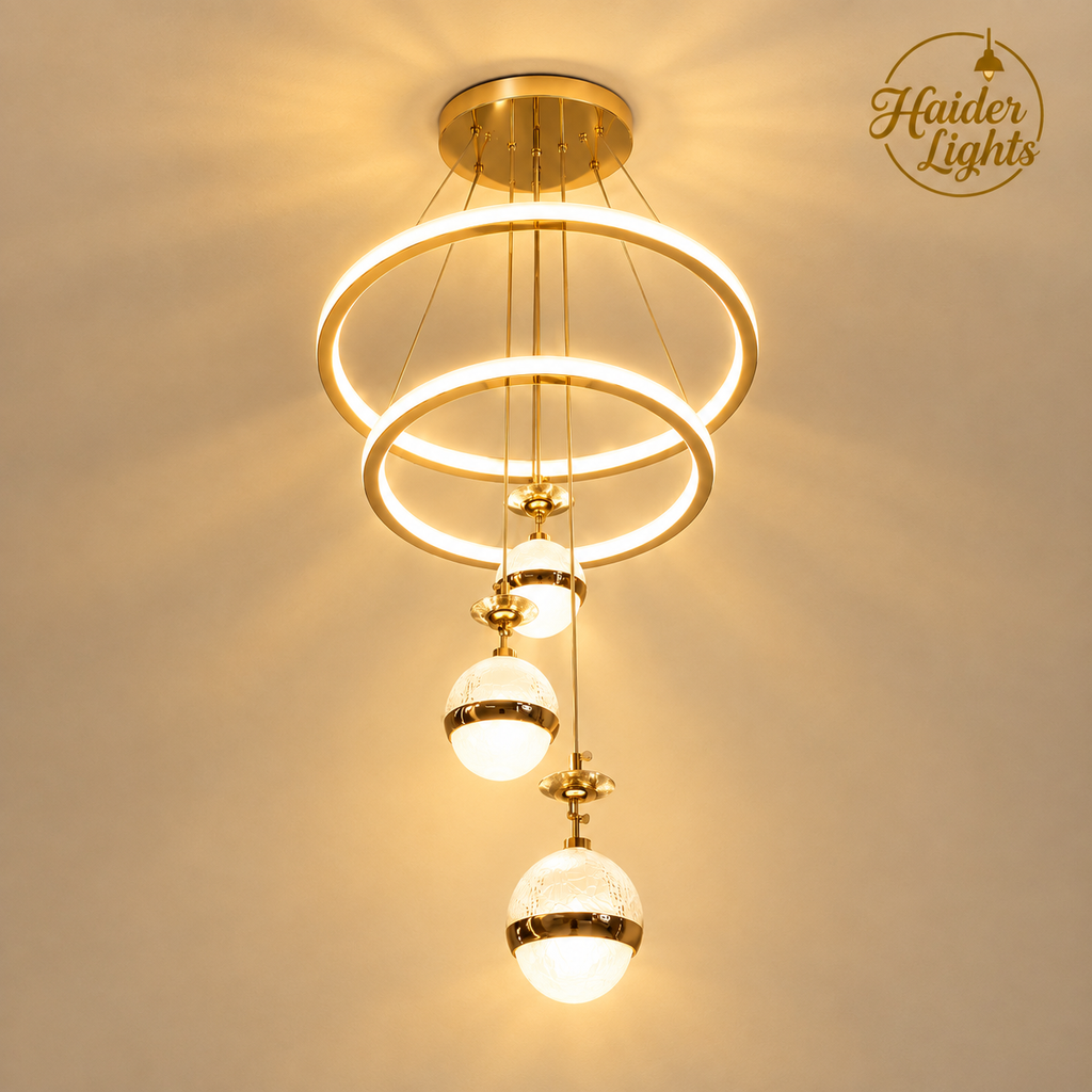 Modern 3-Ring LED Chandelier with 3 cascading globe pendants and warm white glow – Luxury Fancy Ceiling Light Pakistan