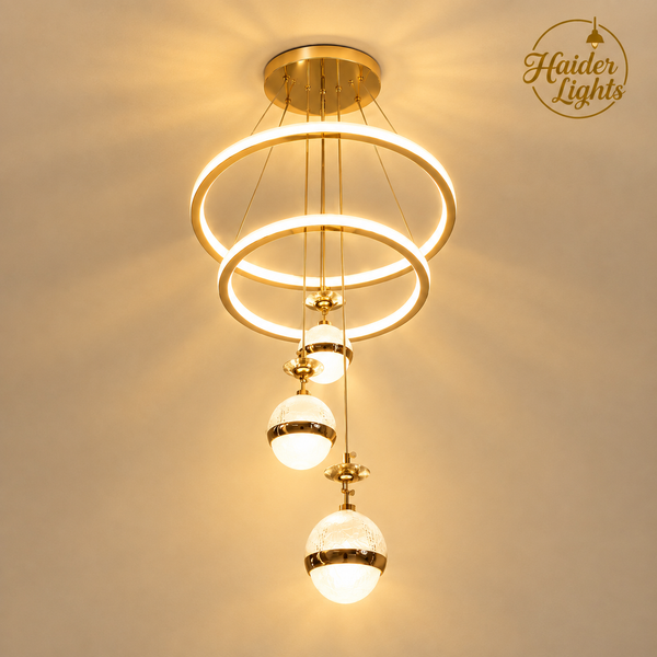 Modern 3-Ring LED Chandelier with 3 cascading globe pendants and warm white glow – Luxury Fancy Ceiling Light Pakistan