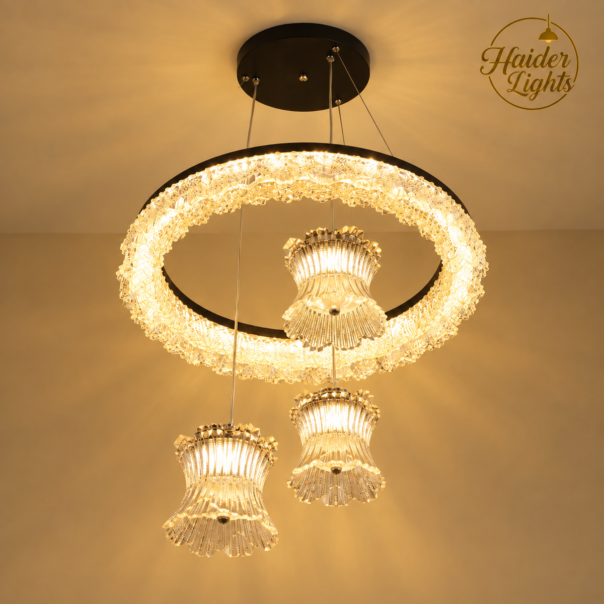 Modern Crystal Ring Chandelier with 3 bell-shaped crystal pendants and black metal frame – Luxury Fancy Chandelier Pakistan