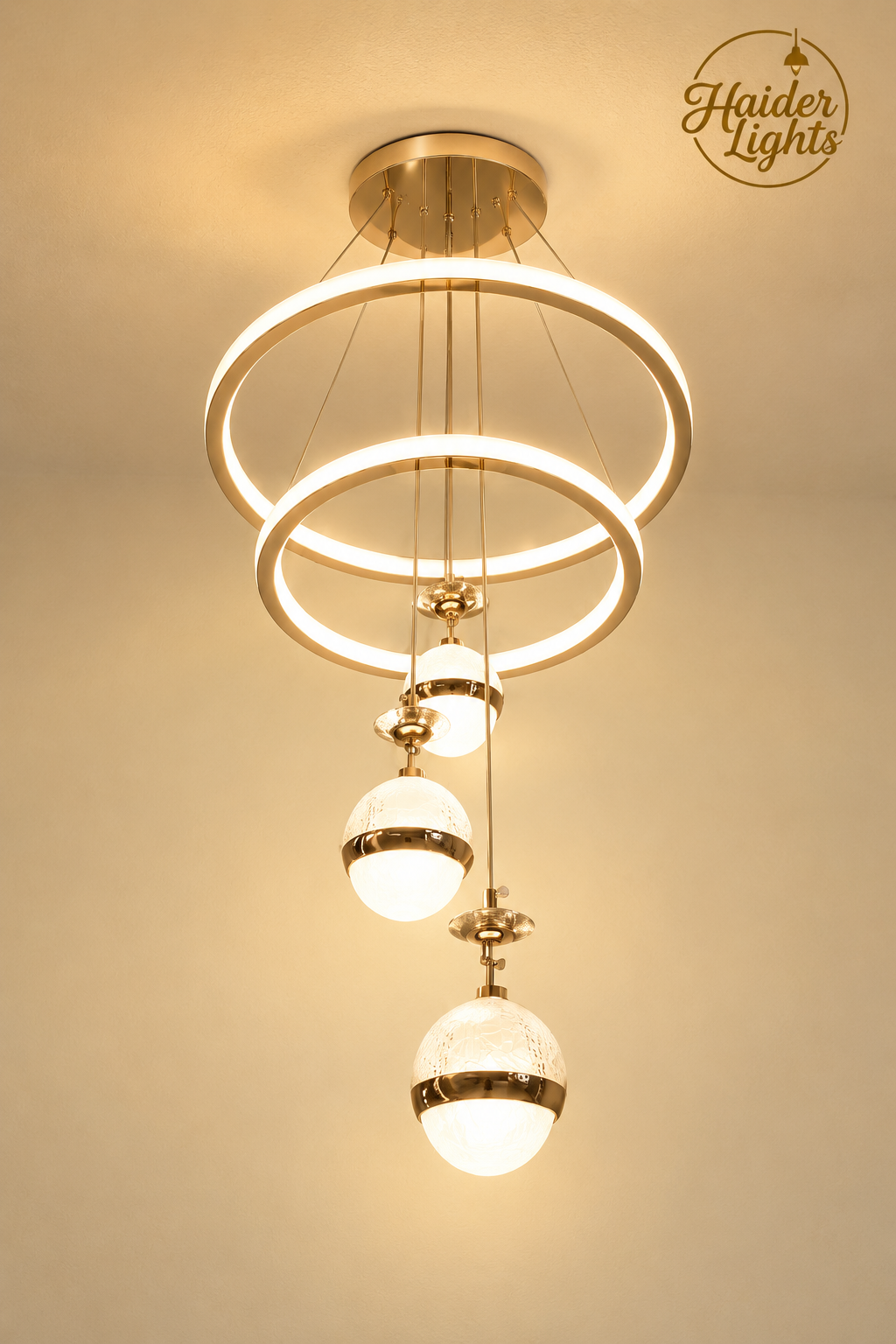 Modern 3-Ring LED Chandelier with 3 cascading globe pendants and warm white glow – Luxury Fancy Ceiling Light Pakistan