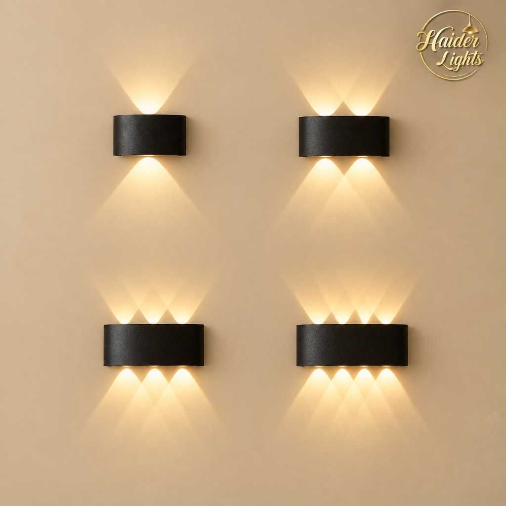 Modern LED wall light with multi beam options for covered outdoor areas
