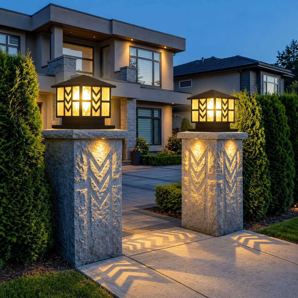 Outdoor Pillar Gate Light– Black Chevron Textured Glass Post Light