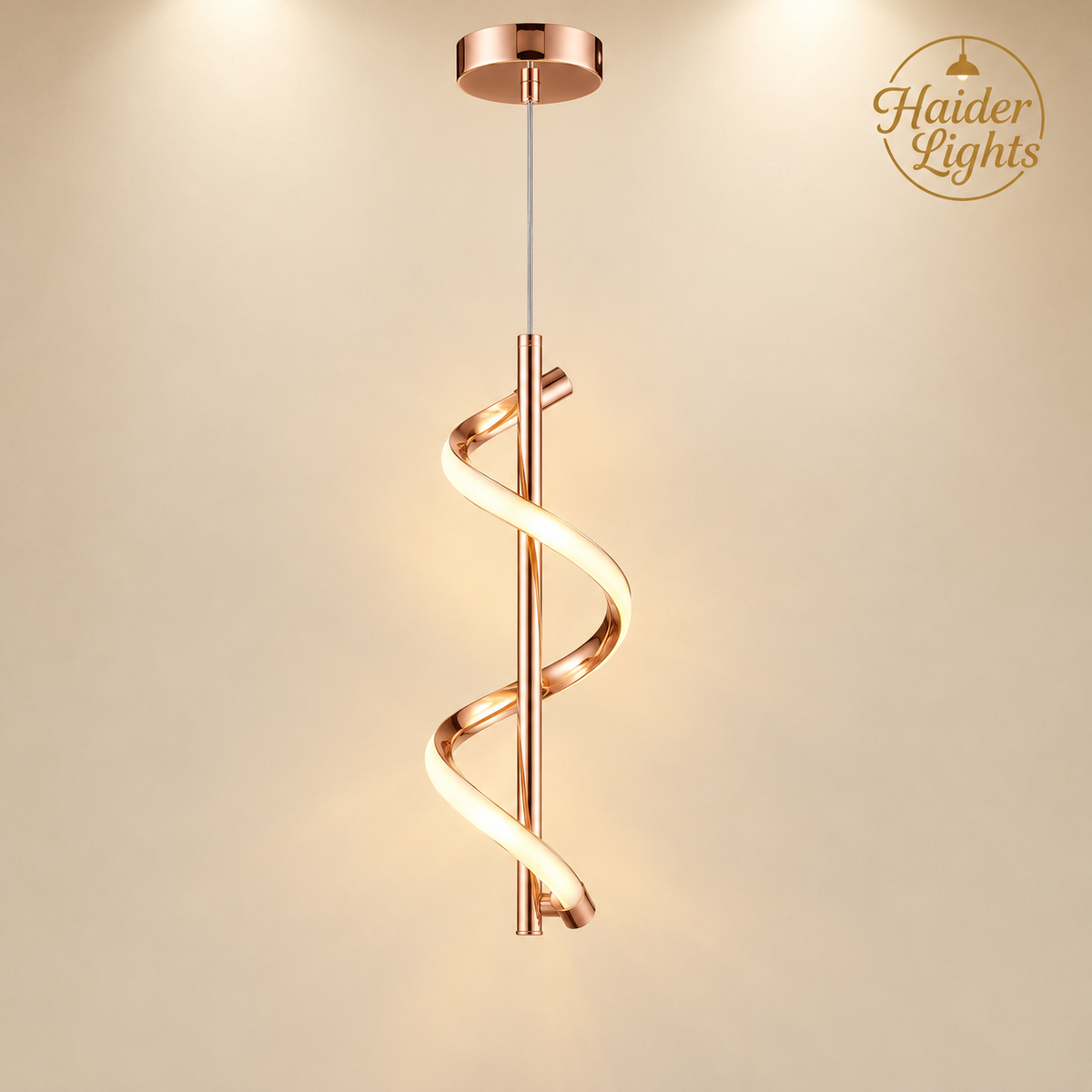 Minimalist spiral ceiling pendant light glowing warm light