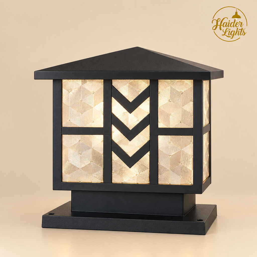 Outdoor Pillar Gate Light– Black Chevron Textured Glass Post Light