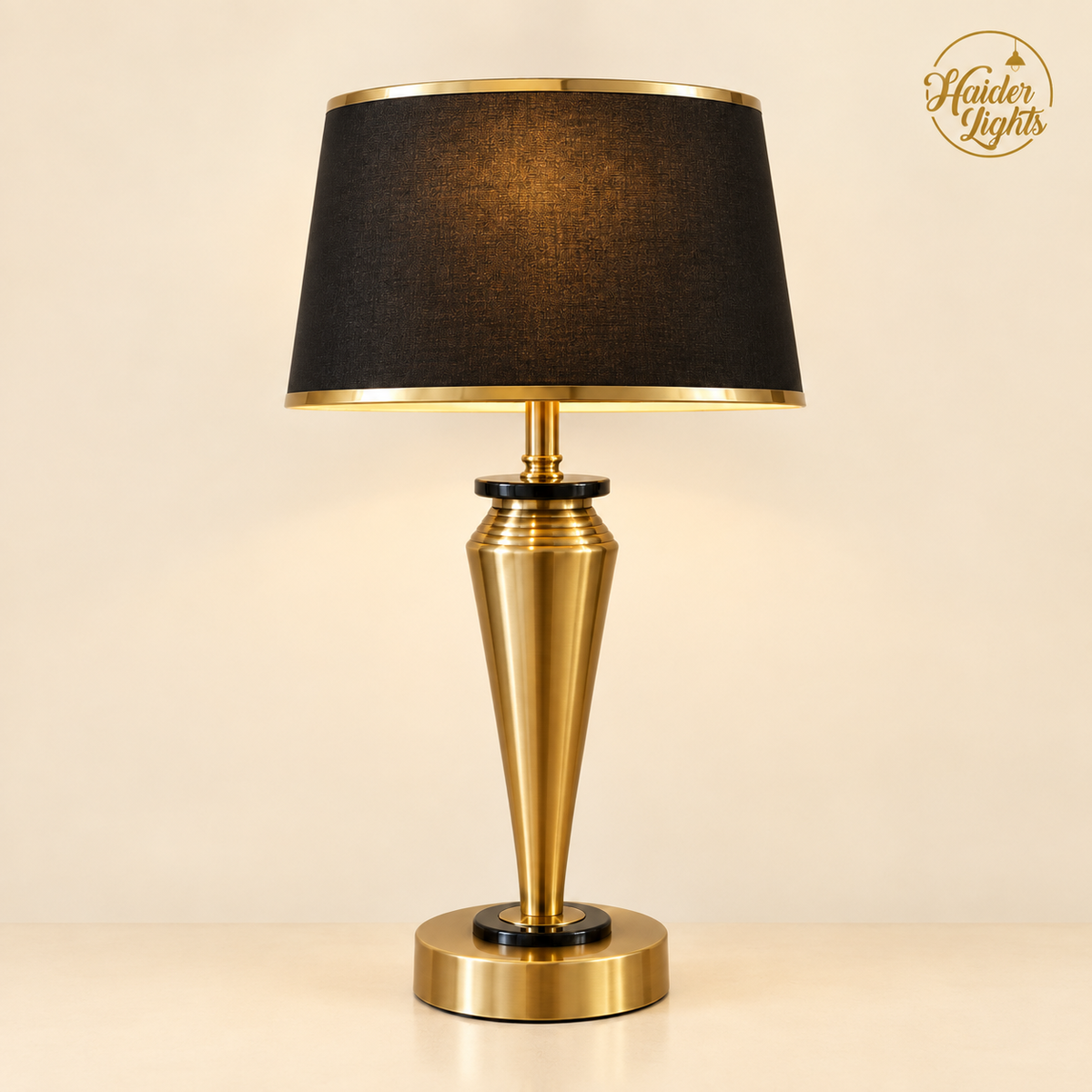 Art Deco Gold Brass Base with Black Shade Beside Table Lamp